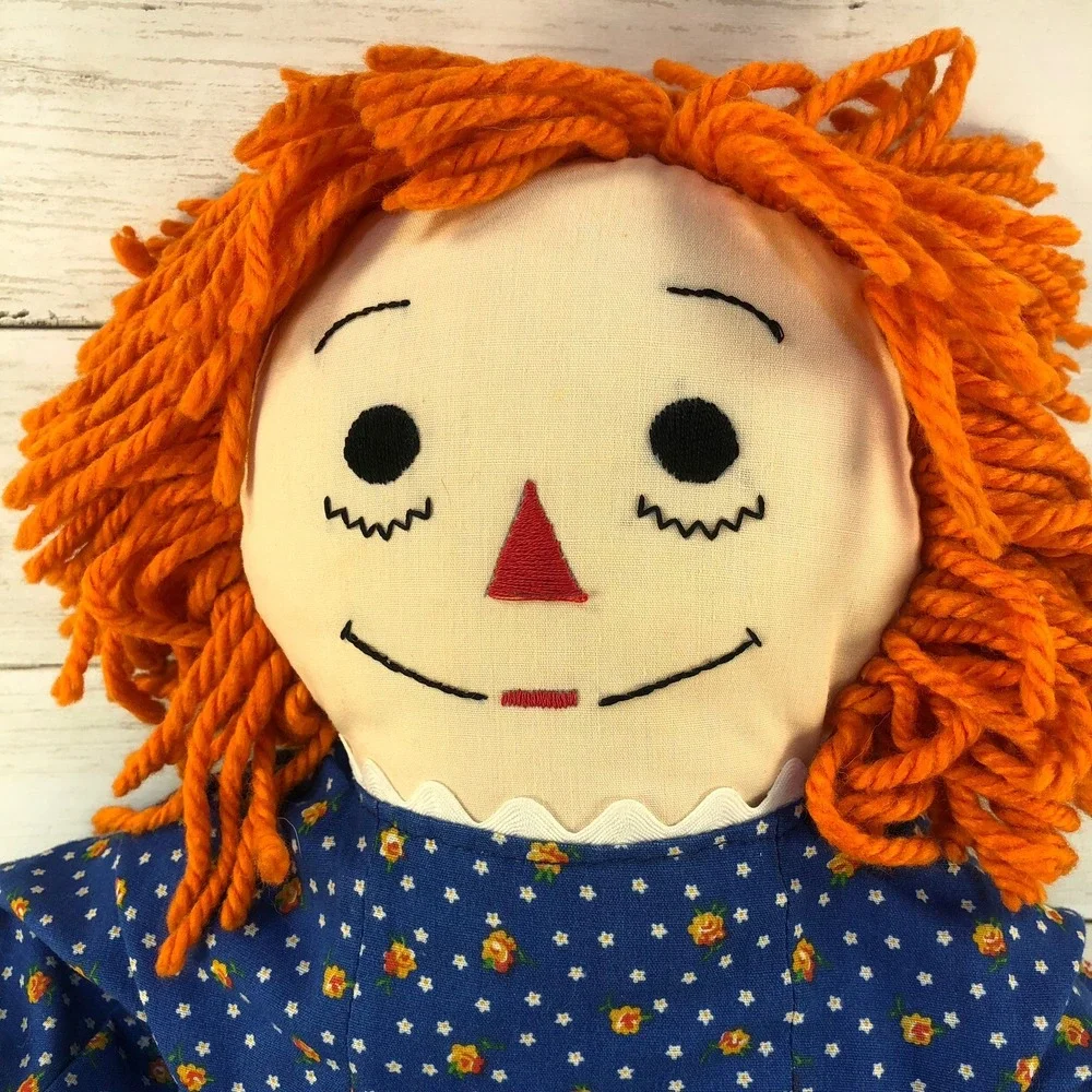 Handmade Raggedy Ann Plush Doll 18 Inch Orange Yarn Hair Blue Floral Dress Heart